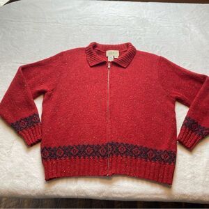 Eddie Bauer Vintage Wool Blend Front Zip Red Tweed Cardigan Sweater Size Large